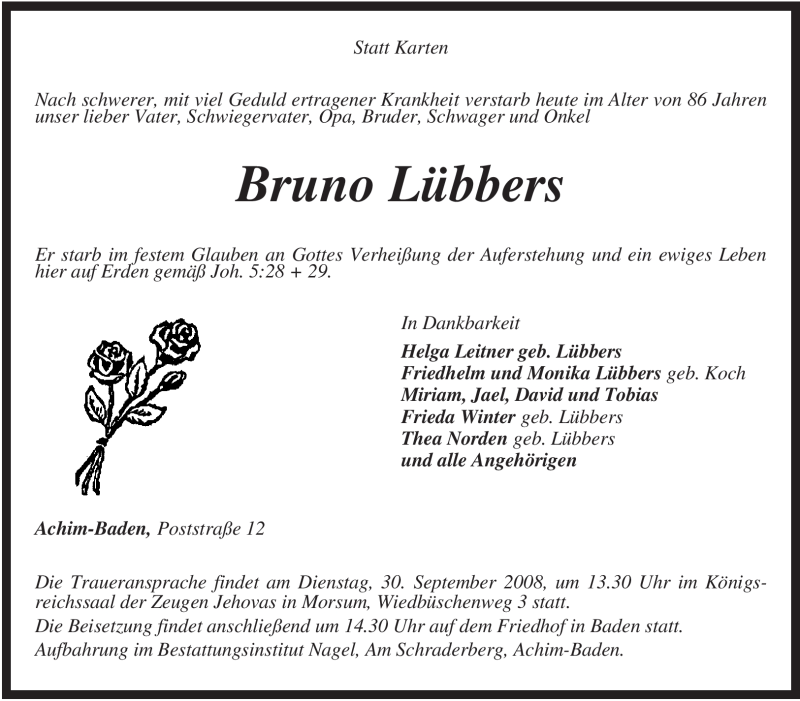  Traueranzeige für Bruno Lübbers vom 26.09.2008 aus KREISZEITUNG SYKE