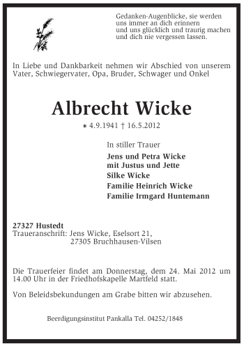 Traueranzeige von Albrecht Wicke von KREISZEITUNG SYKE