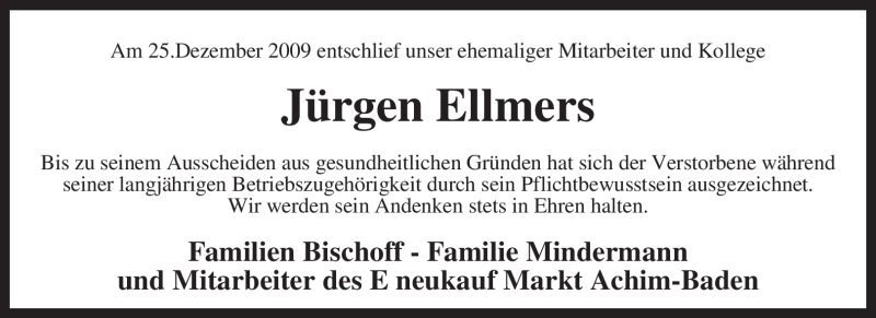 Traueranzeige für Jürgen Ellmers vom 28.12.2009 aus KREISZEITUNG SYKE