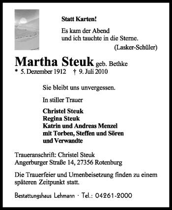 Traueranzeige von Martha Steuk von KREISZEITUNG SYKE
