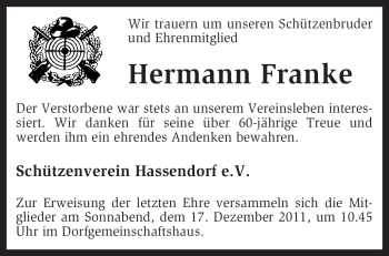 Traueranzeige von Hermann Franke von KREISZEITUNG SYKE