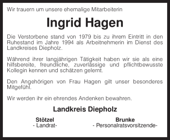 Traueranzeige von Ingrid Hagen von KREISZEITUNG SYKE