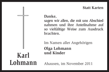 Traueranzeige von Karl Lohmann von KREISZEITUNG SYKE