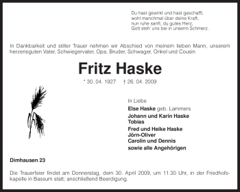 Traueranzeige von Fritz Haske von KREISZEITUNG SYKE