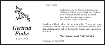 Traueranzeige von Gertrud Finke von KREISZEITUNG SYKE