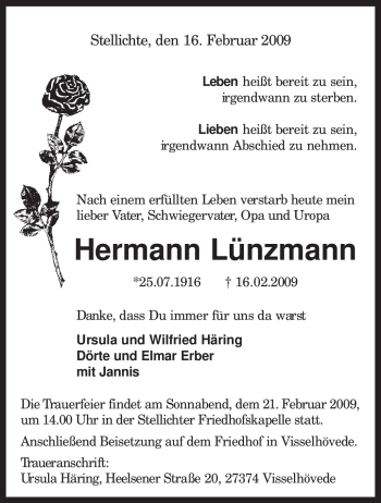 Traueranzeige von Hermann Lünzmann von KREISZEITUNG SYKE