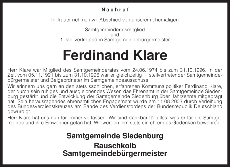  Traueranzeige für Ferdinand Klare vom 17.11.2010 aus KREISZEITUNG SYKE