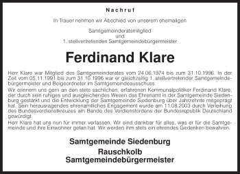 Traueranzeige von Ferdinand Klare von KREISZEITUNG SYKE