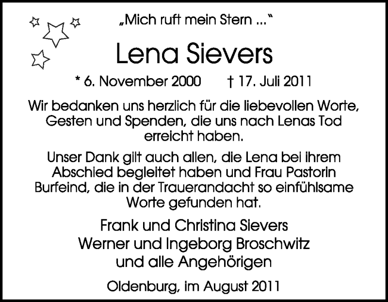  Traueranzeige für Lena Sievers vom 27.08.2011 aus KREISZEITUNG SYKE