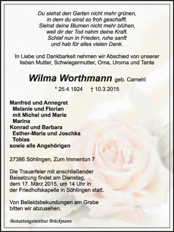 Traueranzeige von Wilma Worthmann von KRZ