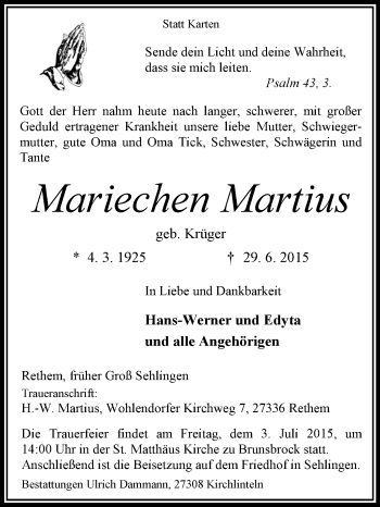 Traueranzeige von Mariechen Martius von KRZ