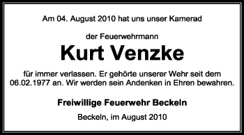 Traueranzeige von Kurt Venzke von KREISZEITUNG SYKE