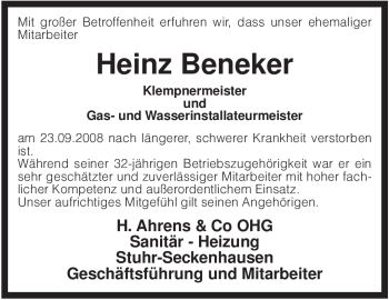 Traueranzeige von Heinz Beneker von KREISZEITUNG SYKE