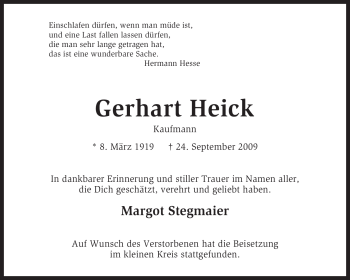 Traueranzeige von Gerhart Heick von KREISZEITUNG SYKE