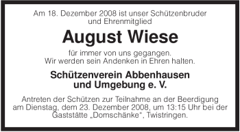 Traueranzeige von August Wiese von KREISZEITUNG SYKE