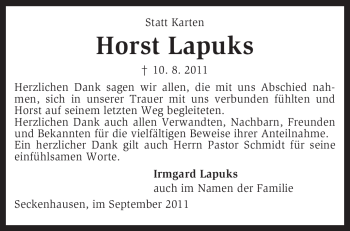 Traueranzeige von Horst Lapuks von KREISZEITUNG SYKE