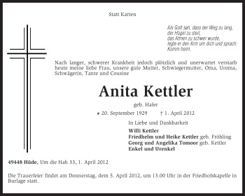 Traueranzeige von Anita Kettler von KREISZEITUNG SYKE