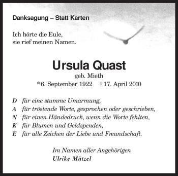 Traueranzeige von Ursula Quast von KREISZEITUNG SYKE