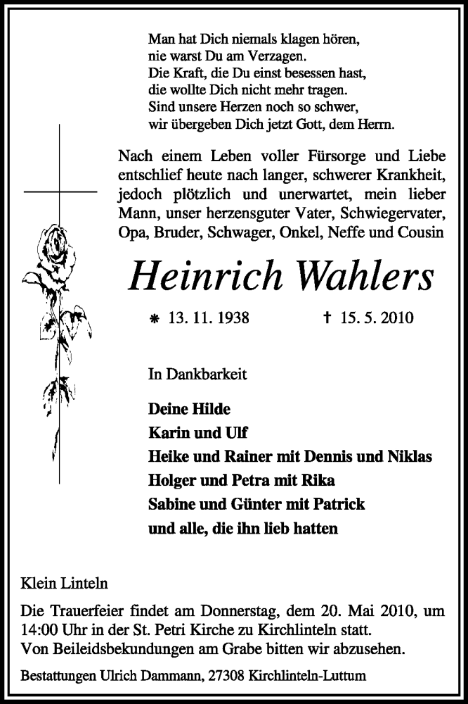  Traueranzeige für Heinrich Wahlers vom 17.05.2010 aus KREISZEITUNG SYKE