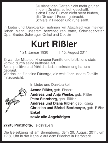 Traueranzeige von Kurt Rißler von KREISZEITUNG SYKE