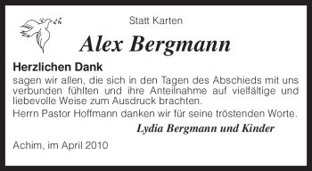 Traueranzeige von Alex Bergmann von KREISZEITUNG SYKE