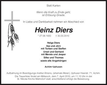 Traueranzeige von Heinz Diers von KREISZEITUNG SYKE