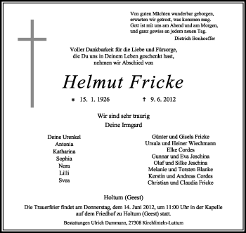 Traueranzeige von Helmut Fricke von KREISZEITUNG SYKE