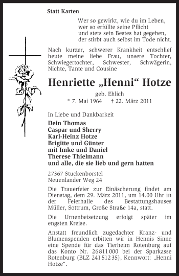 Traueranzeige von Henriette Hotze von KREISZEITUNG SYKE