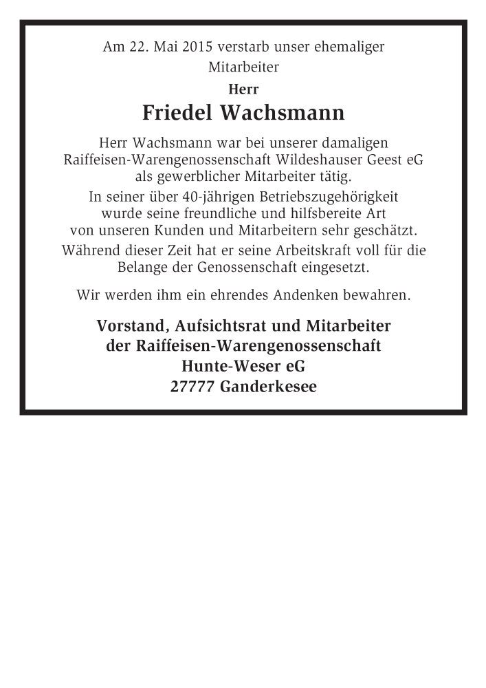  Traueranzeige für Friedel Wachsmann vom 28.05.2015 aus KRZ