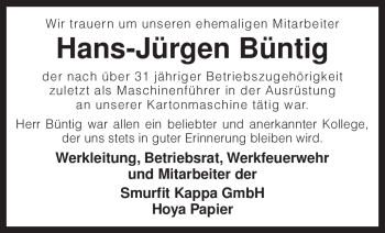 Traueranzeige von Hans-Jürgen Büntig von KREISZEITUNG SYKE