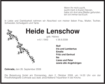 Traueranzeige von Heide Lenschow von KREISZEITUNG SYKE