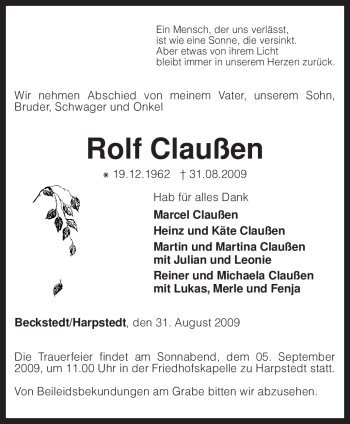 Traueranzeige von Rolf Claußen von KREISZEITUNG SYKE