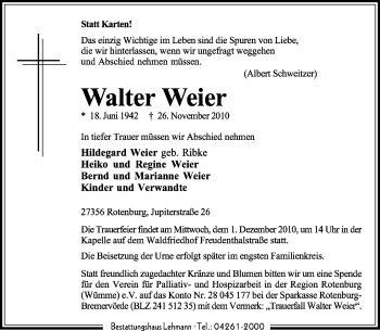 Traueranzeige von Walter Weier von KREISZEITUNG SYKE