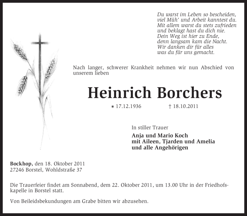  Traueranzeige für Heinrich Borchers vom 20.10.2011 aus KREISZEITUNG SYKE