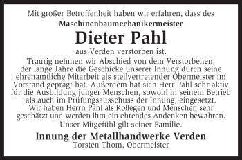 Traueranzeige von Dieter Pahl von KREISZEITUNG SYKE