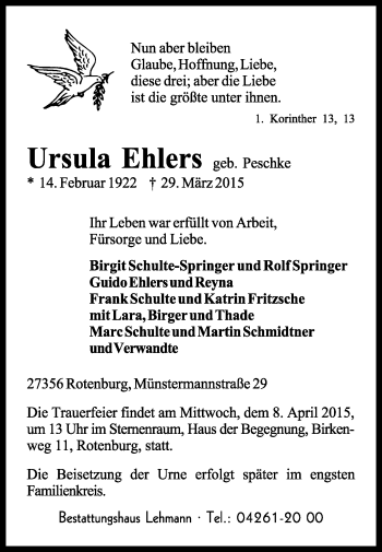 Traueranzeige von Ursula Ehlers von KRZ