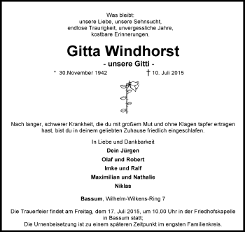 Traueranzeige von Gitta Windhorst von KRZ