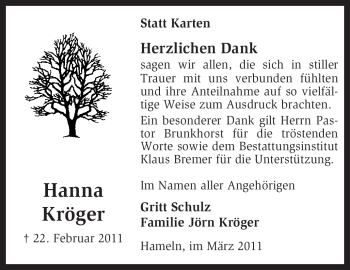 Traueranzeige von Hanna Kröger von KREISZEITUNG SYKE