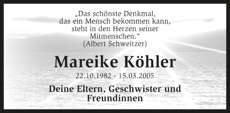  Traueranzeige für Mareike Köhler vom 17.03.2015 aus Kreiszeitung