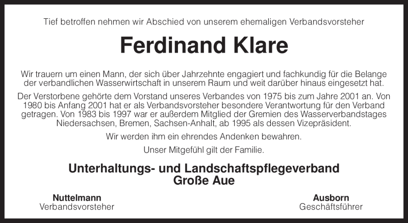  Traueranzeige für Ferdinand Klare vom 18.11.2010 aus KREISZEITUNG SYKE