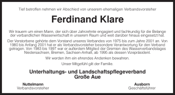 Traueranzeige von Ferdinand Klare von KREISZEITUNG SYKE