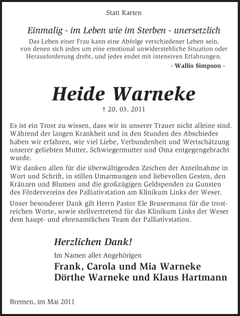 Traueranzeige von Heide Warneke von KREISZEITUNG SYKE