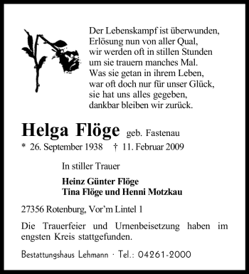 Traueranzeige von Helga Flöge von KREISZEITUNG SYKE