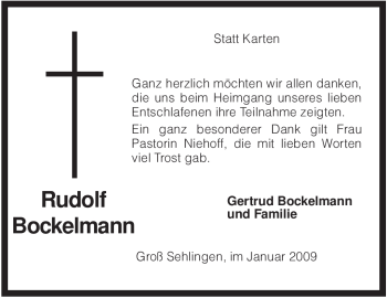 Traueranzeige von Rudolf Bockelmann von KREISZEITUNG SYKE