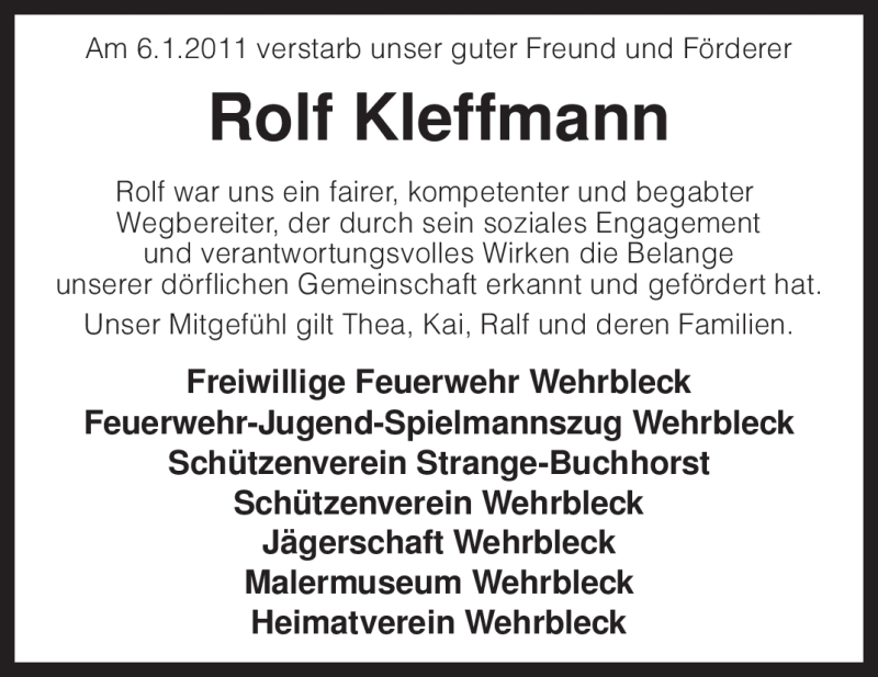  Traueranzeige für Rolf Kleffmann vom 11.01.2011 aus KREISZEITUNG SYKE