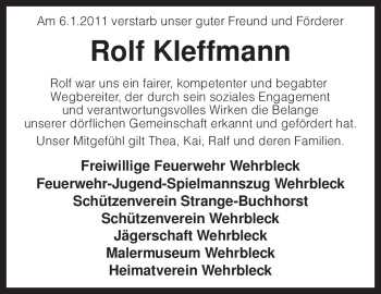 Traueranzeige von Rolf Kleffmann von KREISZEITUNG SYKE