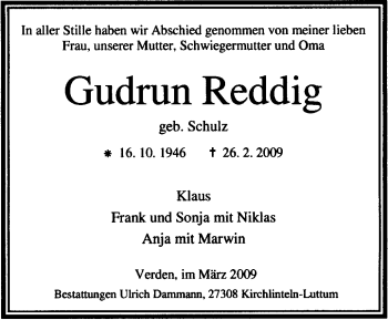 Traueranzeige von Gudrun Reddig von KREISZEITUNG SYKE