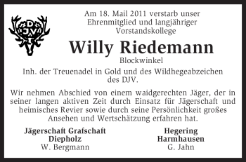 Traueranzeige von Willy Riedemann von KREISZEITUNG SYKE