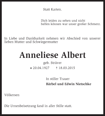 Traueranzeige von Anneliese Albert von KRZ