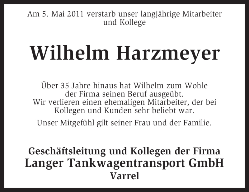  Traueranzeige für Wilhelm Harzmeyer vom 10.05.2011 aus KREISZEITUNG SYKE